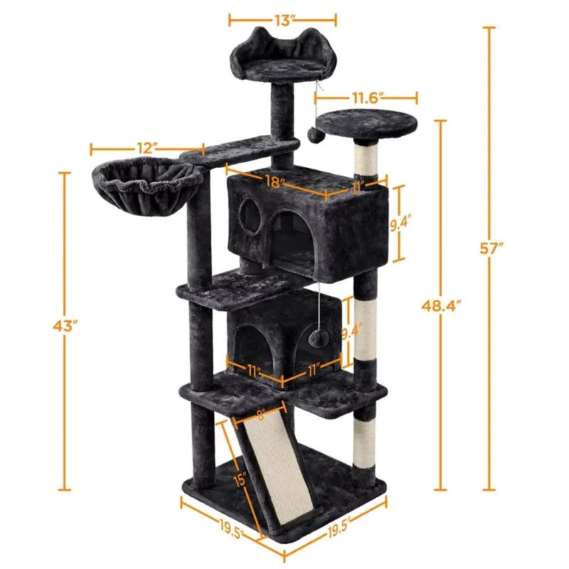 57"  Cat Tree,Multi-Level Cat Tower w/ 3 Padded Perches, 2 Cat Condos, 2 Hanging Balls and Scratching Posts - Multiple Colors - Pawz Are Us