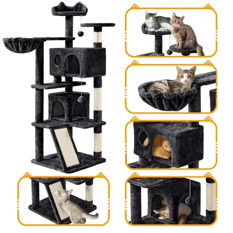 57"  Cat Tree,Multi-Level Cat Tower w/ 3 Padded Perches, 2 Cat Condos, 2 Hanging Balls and Scratching Posts - Multiple Colors - Pawz Are Us